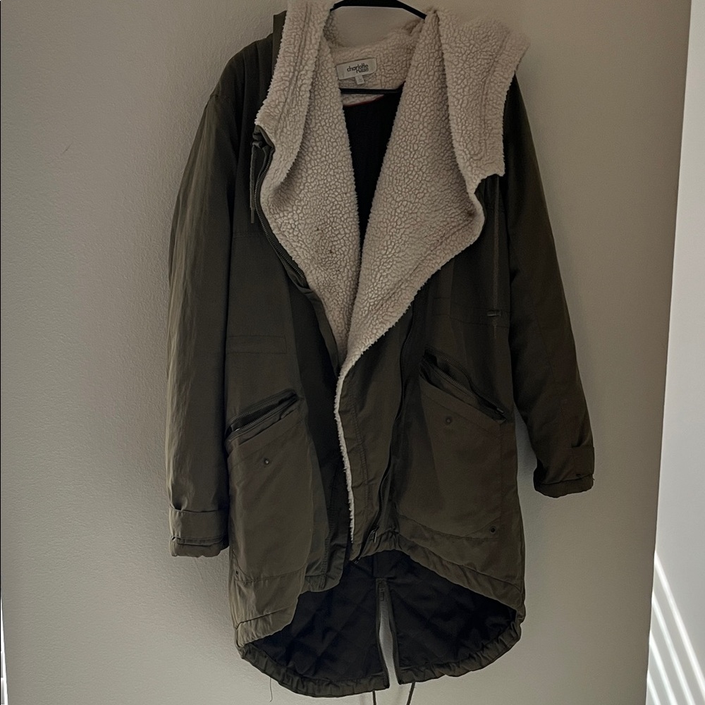 Charlotte Russe Cream Sherpa-Lined Jacket with Red Trim